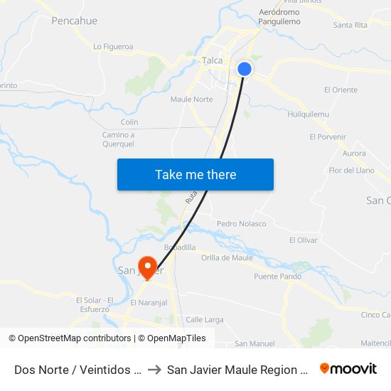 Dos Norte / Veintidos Ote to San Javier Maule Region Chile map