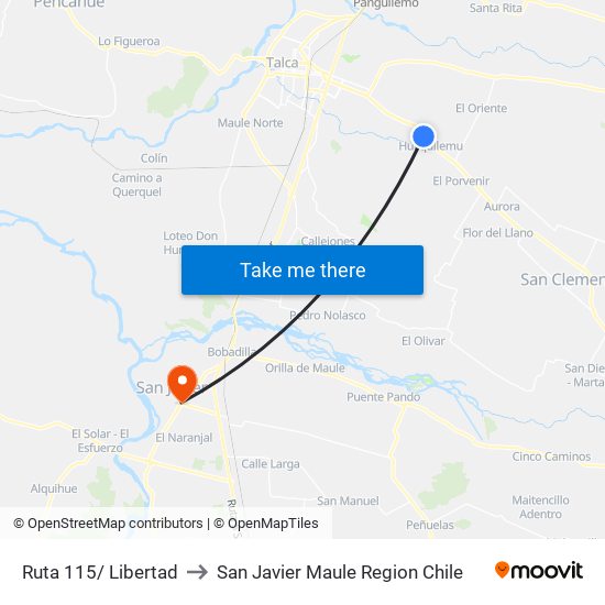 Ruta 115/ Libertad to San Javier Maule Region Chile map