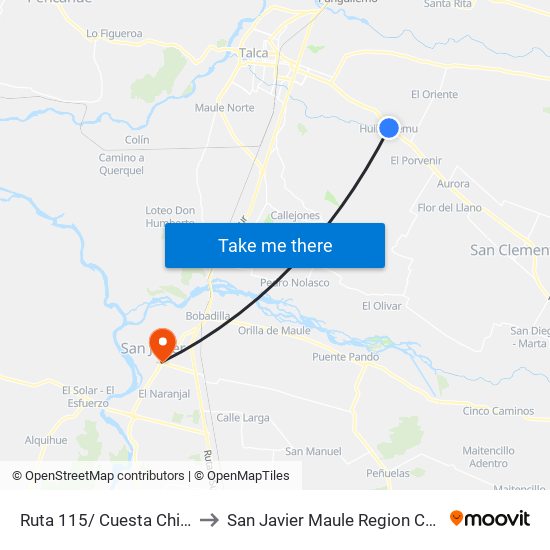 Ruta 115/ Cuesta Chico to San Javier Maule Region Chile map