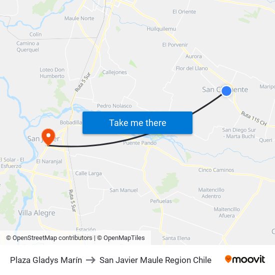 Plaza Gladys Marín to San Javier Maule Region Chile map