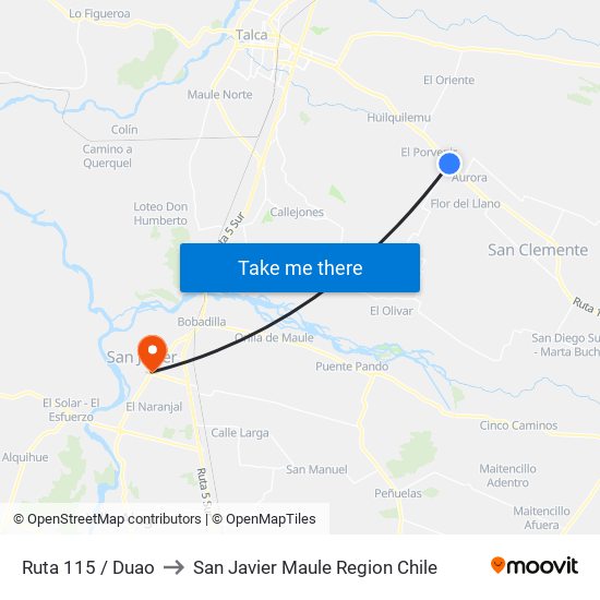 Ruta 115 / Duao to San Javier Maule Region Chile map