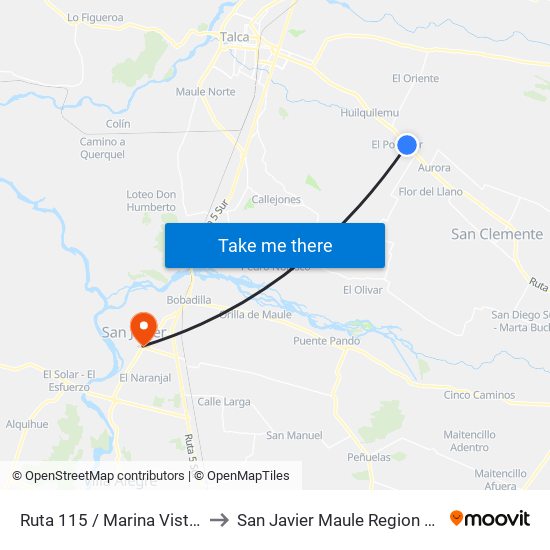 Ruta 115 / Marina Vistoso to San Javier Maule Region Chile map