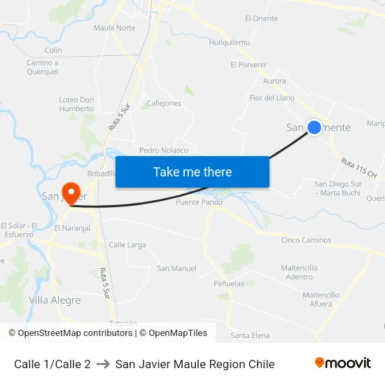 Calle 1/Calle 2 to San Javier Maule Region Chile map