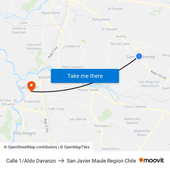 Calle 1/Aldo Davanzo to San Javier Maule Region Chile map