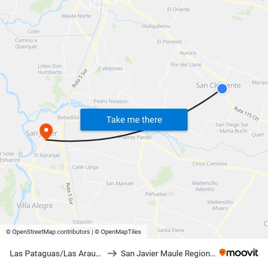 Las Pataguas/Las Araucarias to San Javier Maule Region Chile map