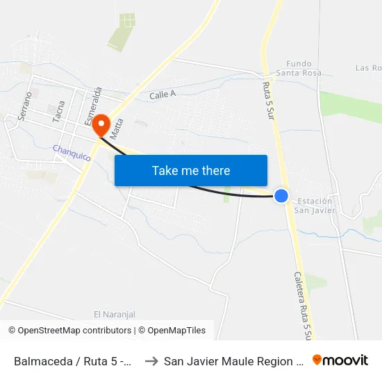 Balmaceda / Ruta 5 -Norte to San Javier Maule Region Chile map