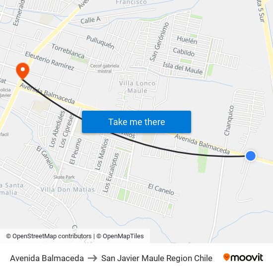 Avenida Balmaceda to San Javier Maule Region Chile map