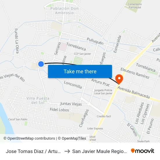 Jose Tomas Diaz /  Arturo Prat to San Javier Maule Region Chile map