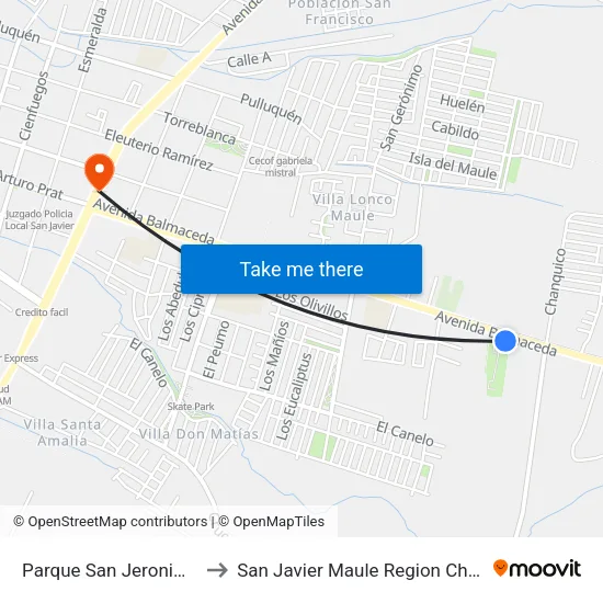 Parque San Jeronimo to San Javier Maule Region Chile map