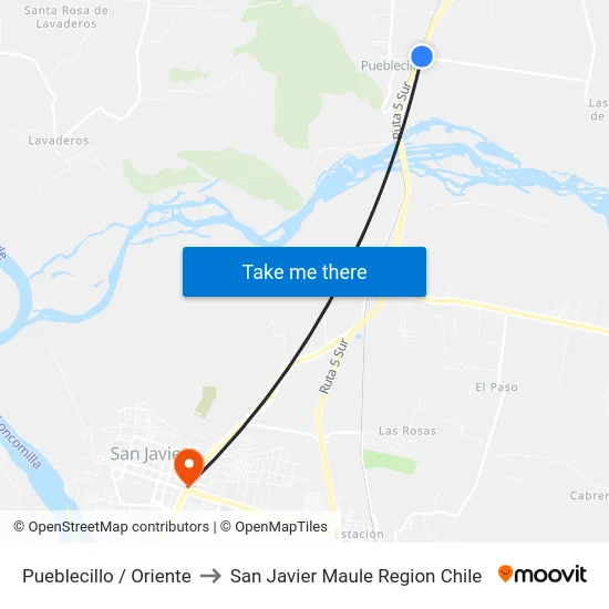 Pueblecillo / Oriente to San Javier Maule Region Chile map