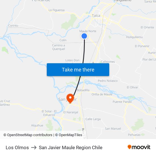 Los Olmos to San Javier Maule Region Chile map