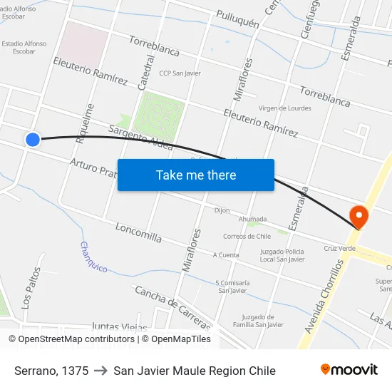 Serrano, 1375 to San Javier Maule Region Chile map