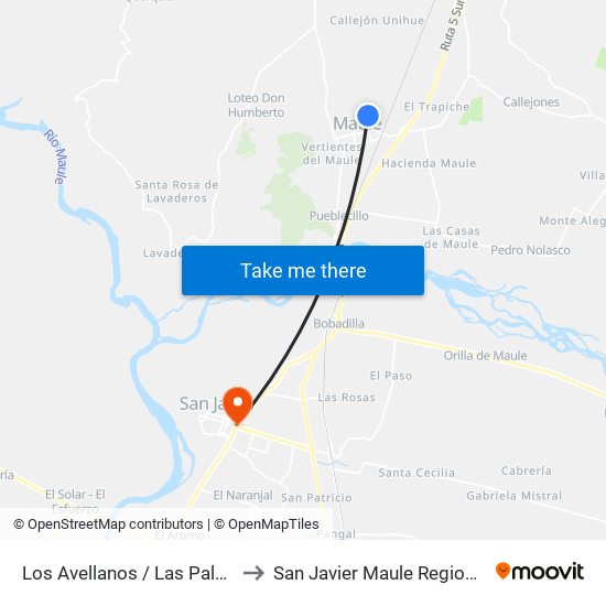 Los Avellanos / Las Palmeras to San Javier Maule Region Chile map