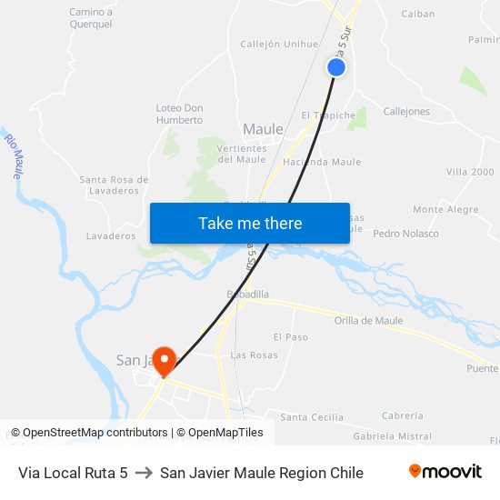 Via Local Ruta 5 to San Javier Maule Region Chile map