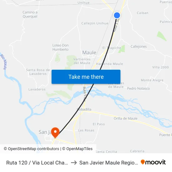 Ruta 120 / Via Local Chacarillas to San Javier Maule Region Chile map