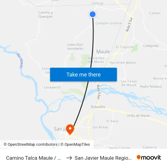 Camino Talca  Maule / Unihue to San Javier Maule Region Chile map