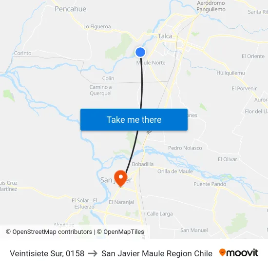 Veintisiete Sur, 0158 to San Javier Maule Region Chile map