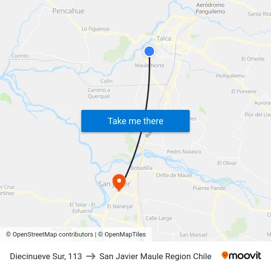 Diecinueve Sur, 113 to San Javier Maule Region Chile map