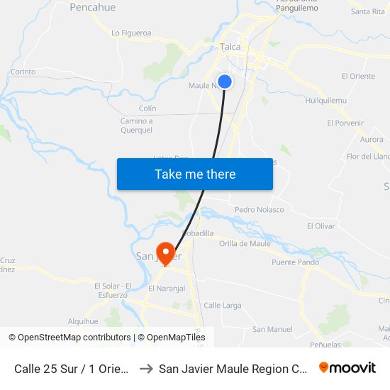 Calle 25 Sur / 1 Oriente to San Javier Maule Region Chile map