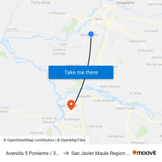 Avenida 5 Poniente / 34 Sur to San Javier Maule Region Chile map