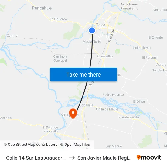 Calle 14 Sur Las Araucarias, 004 to San Javier Maule Region Chile map