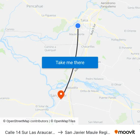 Calle 14 Sur Las Araucarias, 056 to San Javier Maule Region Chile map