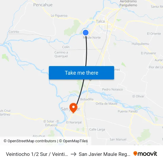 Veintiocho 1/2 Sur / Veintinueve Sur to San Javier Maule Region Chile map