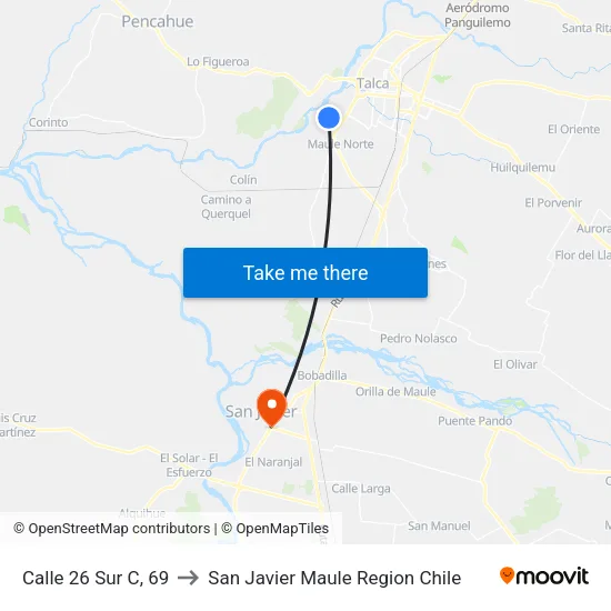 Calle 26 Sur C, 69 to San Javier Maule Region Chile map