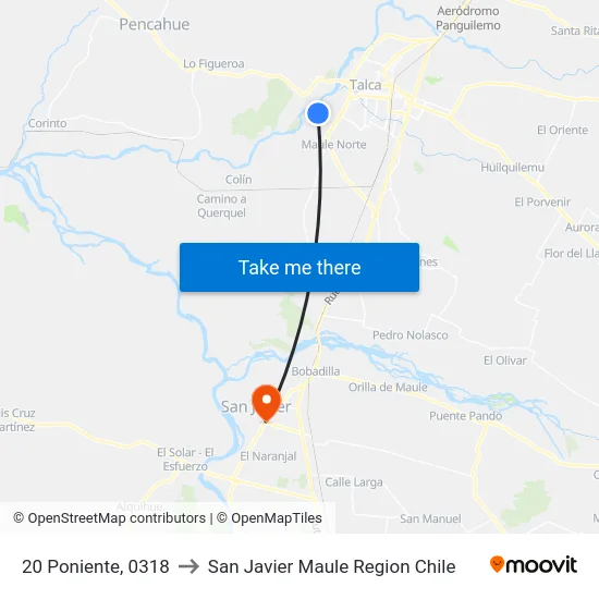 20 Poniente, 0318 to San Javier Maule Region Chile map