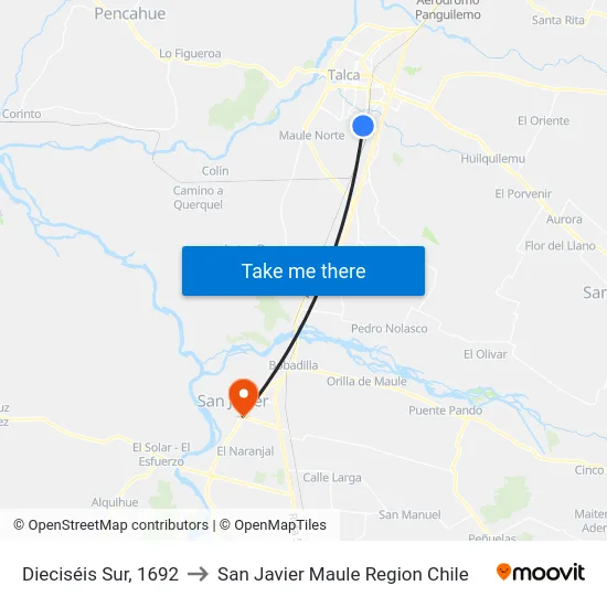 Dieciséis Sur, 1692 to San Javier Maule Region Chile map