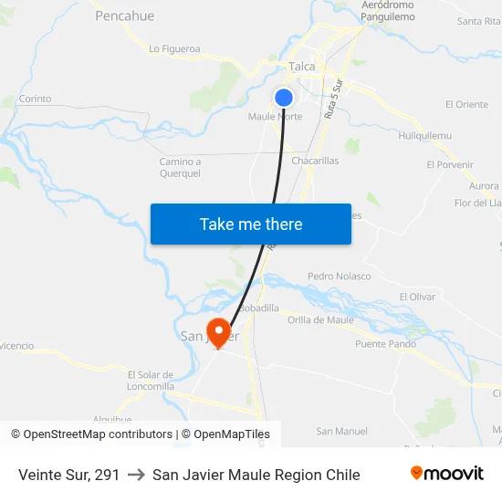 Veinte Sur, 291 to San Javier Maule Region Chile map