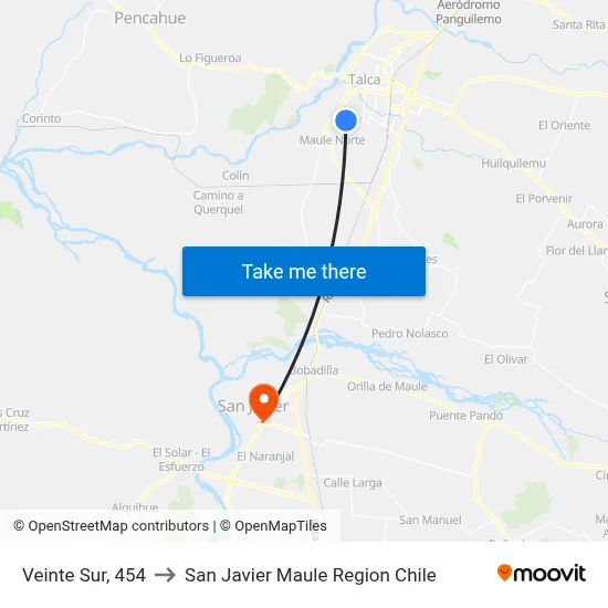 Veinte Sur, 454 to San Javier Maule Region Chile map