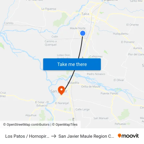 Los Patos / Hornopirén to San Javier Maule Region Chile map