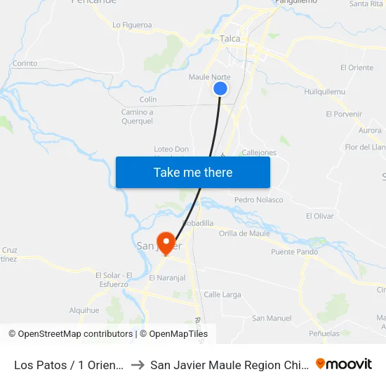 Los Patos / 1 Oriente to San Javier Maule Region Chile map