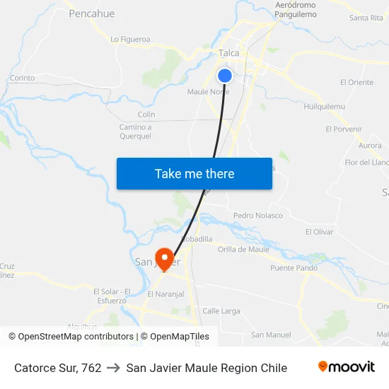 Catorce Sur, 762 to San Javier Maule Region Chile map