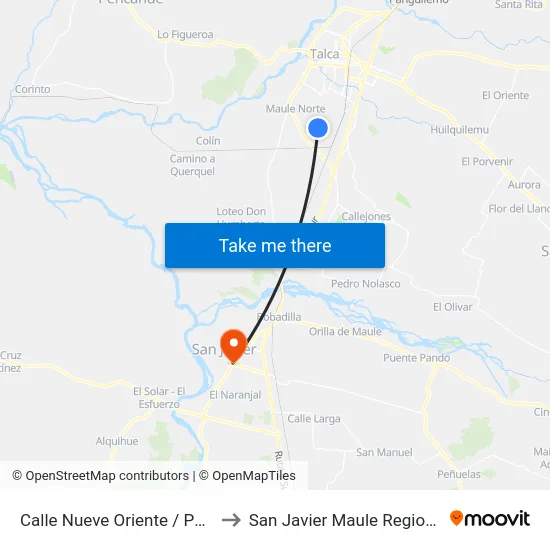 Calle Nueve Oriente / Puyehue to San Javier Maule Region Chile map