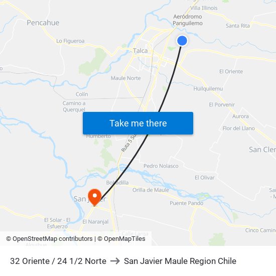 32 Oriente / 24 1/2 Norte to San Javier Maule Region Chile map