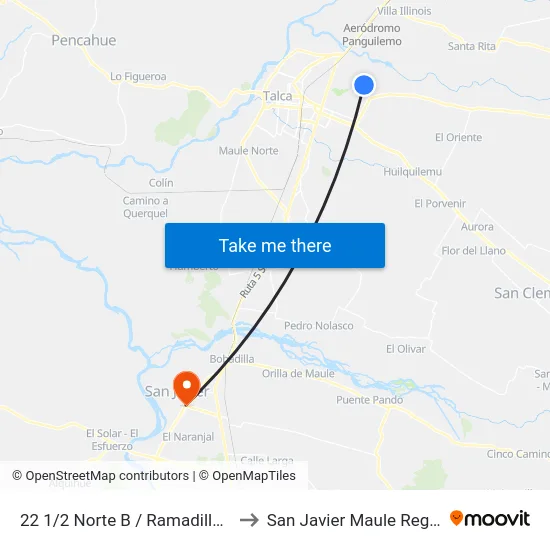 22 1/2 Norte B / Ramadilla De Lircay to San Javier Maule Region Chile map