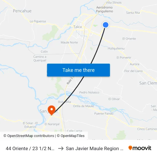 44 Oriente / 23 1/2 Norte to San Javier Maule Region Chile map
