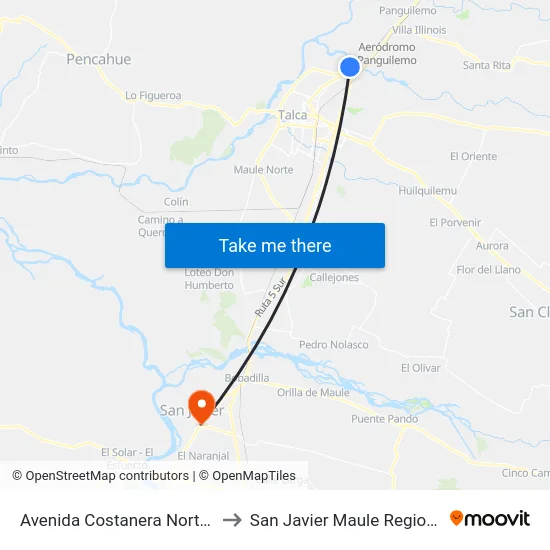 Avenida Costanera Norte 3900 to San Javier Maule Region Chile map