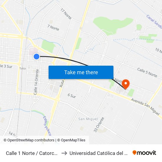 Calle 1 Norte / Catorce Ote to Universidad Católica del Maule map