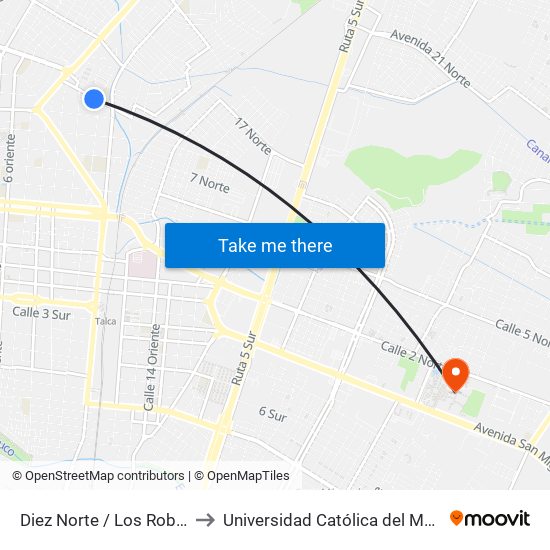 Diez Norte / Los Robles to Universidad Católica del Maule map