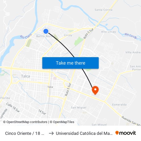 Cinco Oriente / 18 Nte to Universidad Católica del Maule map