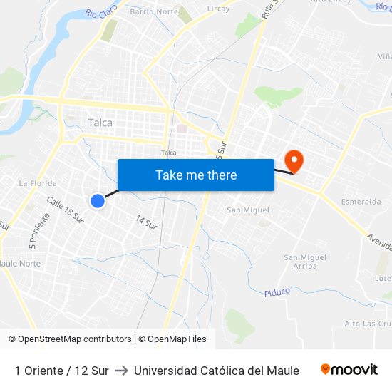 1 Oriente / 12 Sur to Universidad Católica del Maule map