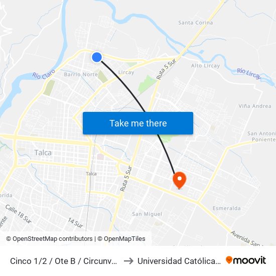 Cinco 1/2 / Ote B / Circunvalación Norte to Universidad Católica del Maule map