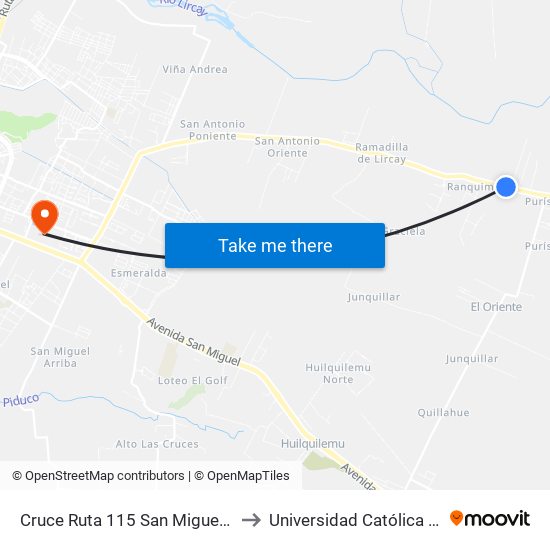 Cruce Ruta 115 San Miguel / Parada 2 to Universidad Católica del Maule map