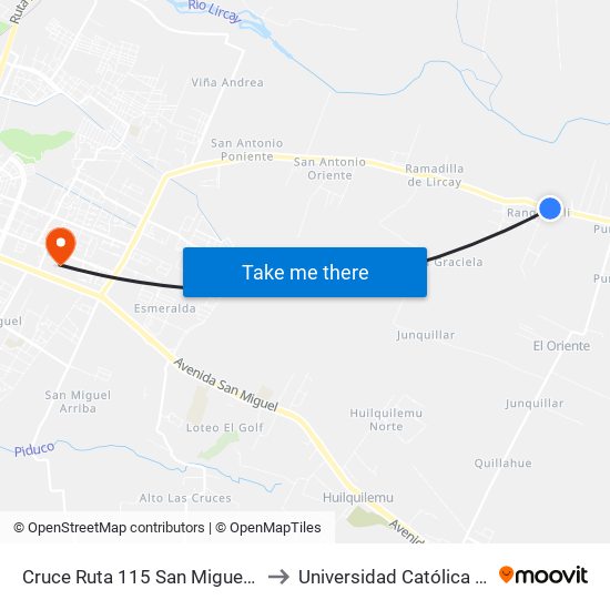 Cruce Ruta 115 San Miguel / Parada 3 to Universidad Católica del Maule map