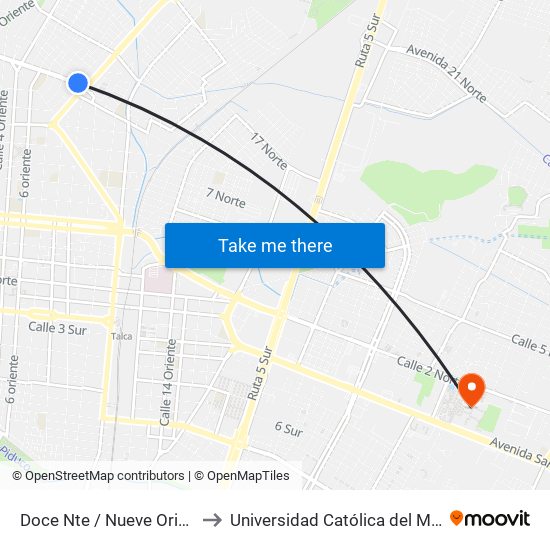 Doce Nte / Nueve Oriente to Universidad Católica del Maule map