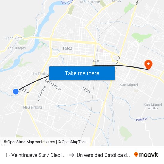 I - Veintinueve Sur / Diecisiete Pte to Universidad Católica del Maule map