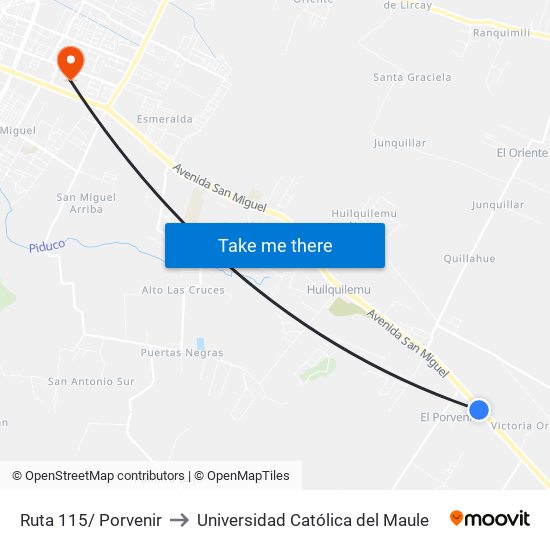 Ruta 115/ Porvenir to Universidad Católica del Maule map